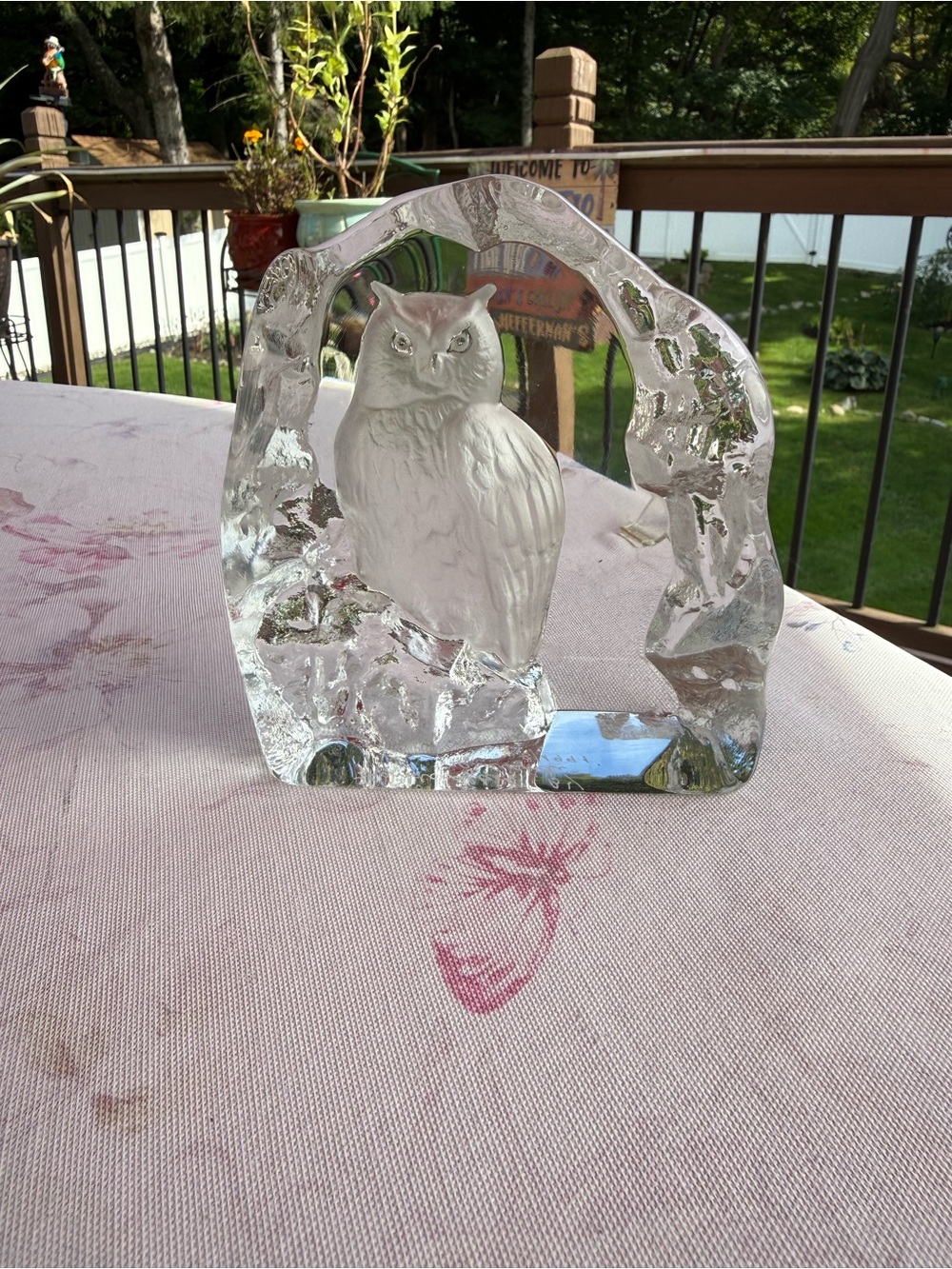 Clear Glass Owl Sculpture Paperweight - White Owl Accent handcrafted 1& signed